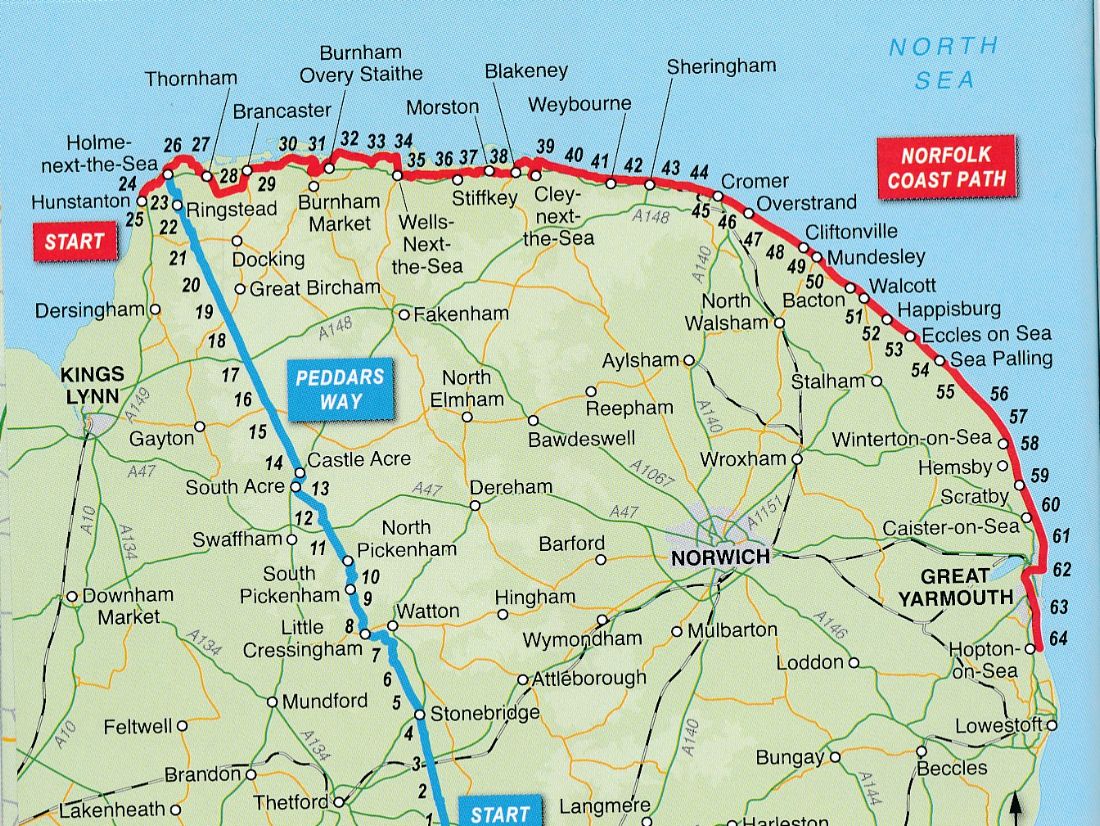 Norfolk Coast Path route map tracing the trail from Knettishall Heath to Cromer |  Peter Wells