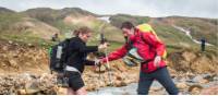 Crossing a river on the Laugavegur Trail in Iceland