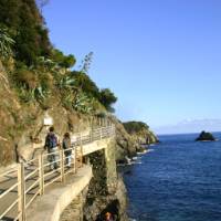 Hikers along the seaside trail on the Cinque Terre