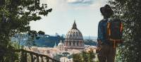 Pilgrim walking into St Peters in Rome at the end of the Via Francigena | Tim Charody