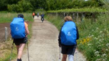 Cyclist passing pilgrims on the trail to Santiago in Portugal | Pat Rochon