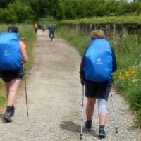 Cyclist passing pilgrims on the trail to Santiago in Portugal | Pat Rochon