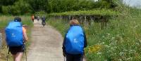 Cyclist passing pilgrims on the trail to Santiago in Portugal | Pat Rochon