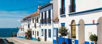 Traditional blue and white buildings in Alentejo