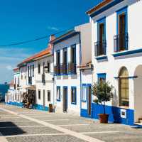 Traditional blue and white buildings in Alentejo