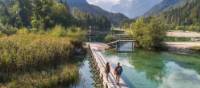 Walking over a picturesque bridge in Slovenia