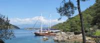 Boat moored at the ruins of 'Cleopatra's baths' on our Turkey Walk & Sail | Kate Baker