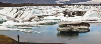Man viewing icebergs carved from Breidamerkurjokull in Jokulsarlon glacial lagoon. | Richard I'Anson