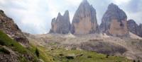 Tre Cime from the winding trail below the Locatelli Hut