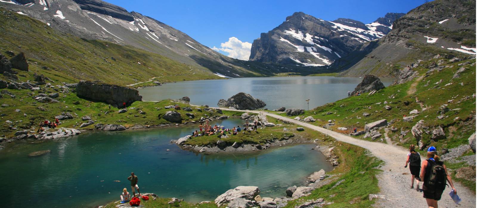 Hikers skirting glacial lakes on the way to Gemmi pass