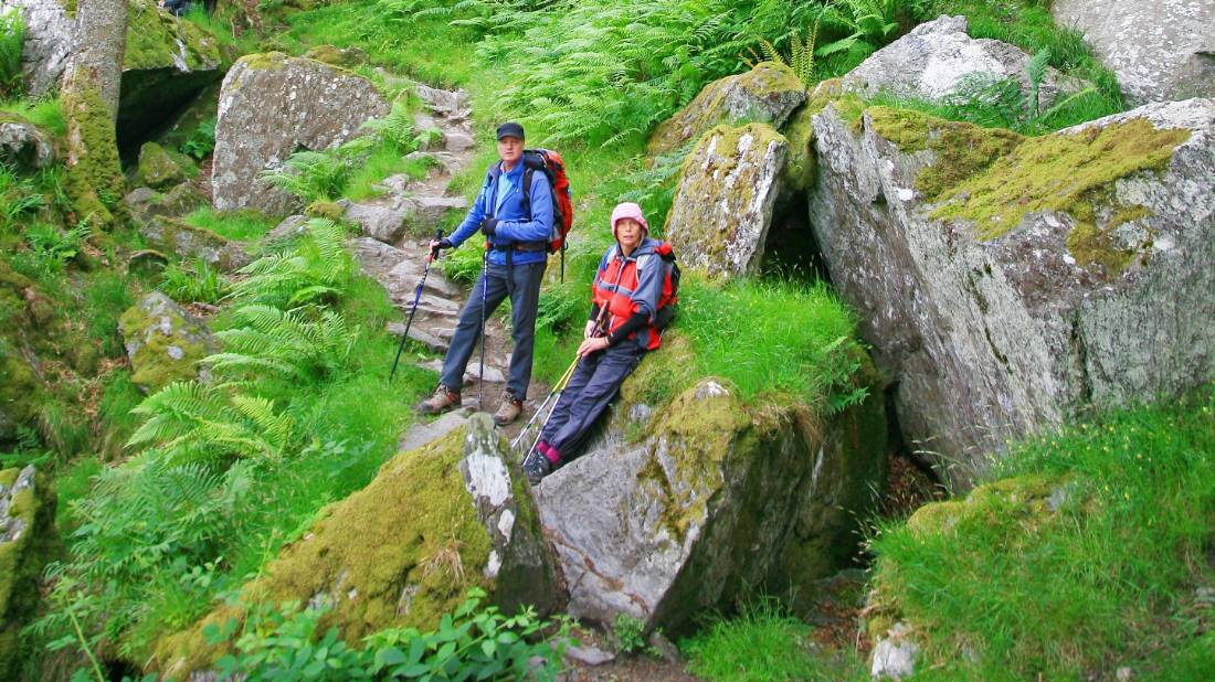 Taking a break at Rob Roy's cave in Scotland