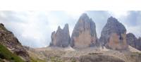 Tre Cime from the winding trail below the Locatelli Hut