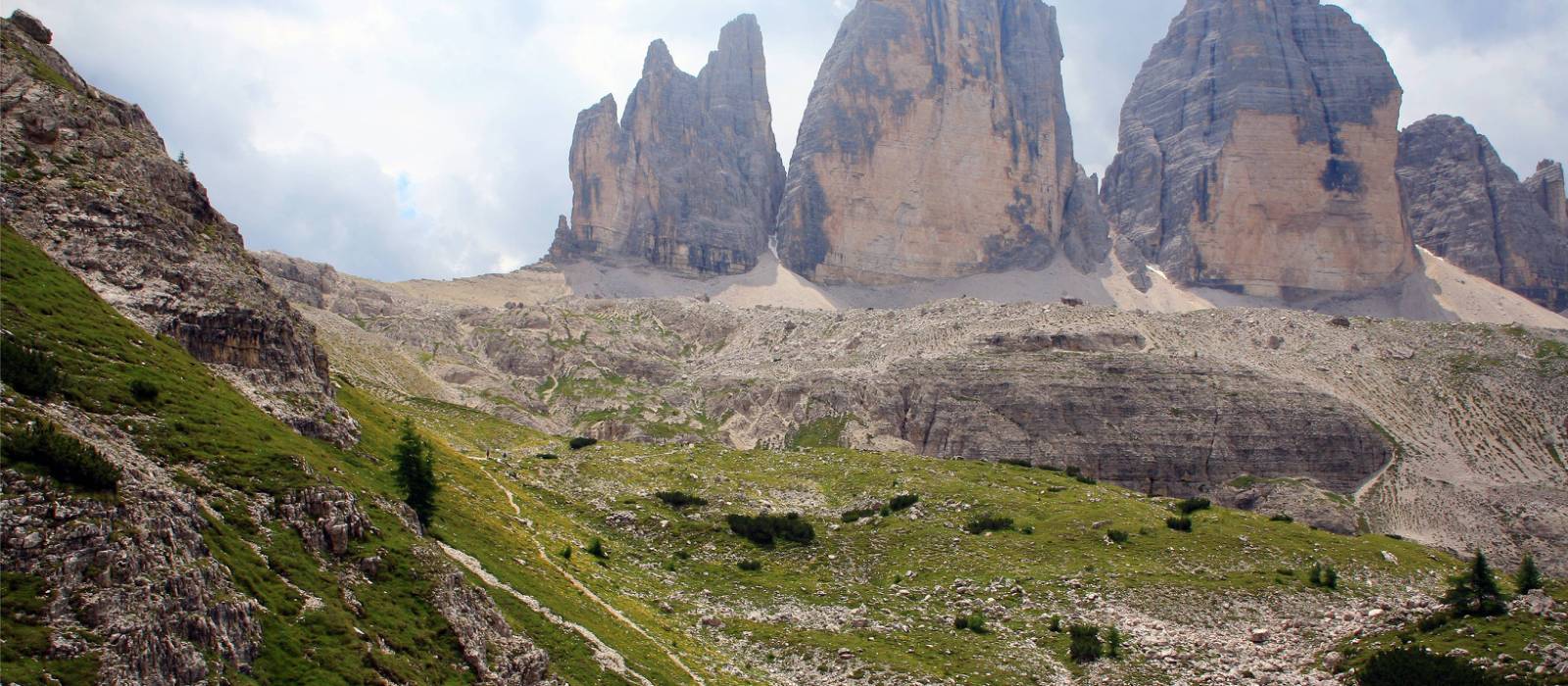 Tre Cime from the winding trail below the Locatelli Hut