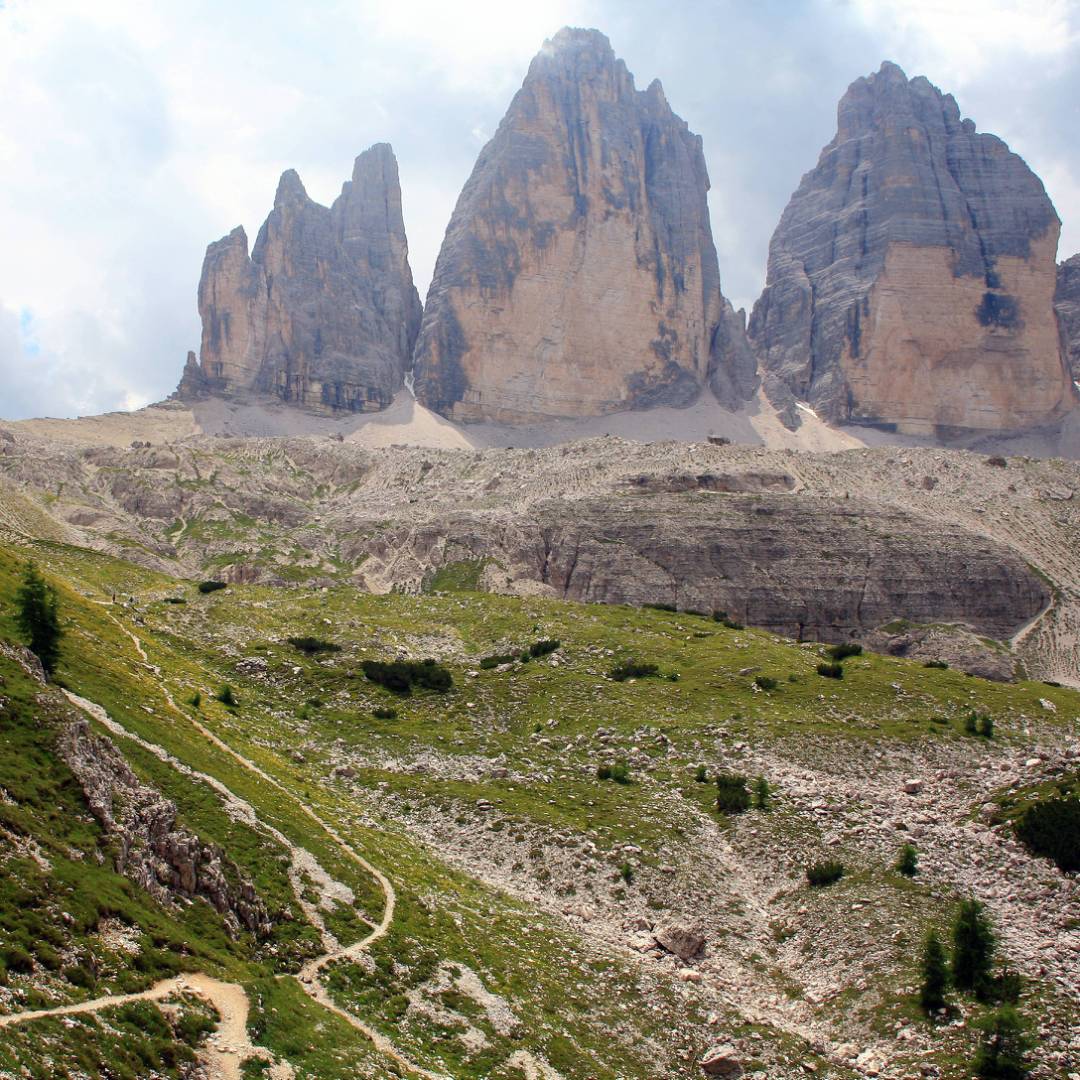 Tre Cime from the winding trail below the Locatelli Hut