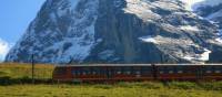 A Swiss train passing the North Face of Eiger