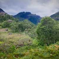 The lush green countryside of Glen Nevis